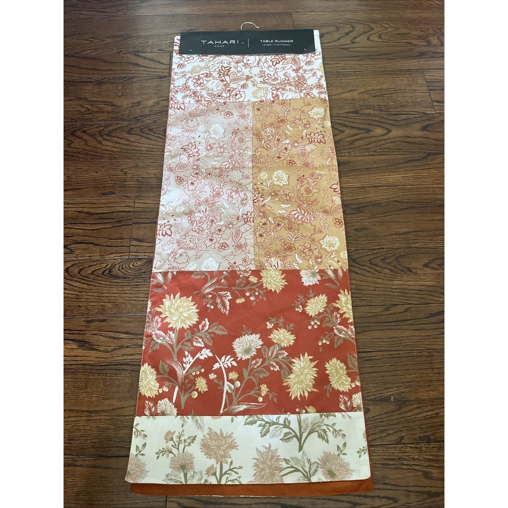 Tahari Home Patchwork Fall Table Runner Orange Yellow Tan Floral 16" X 90"